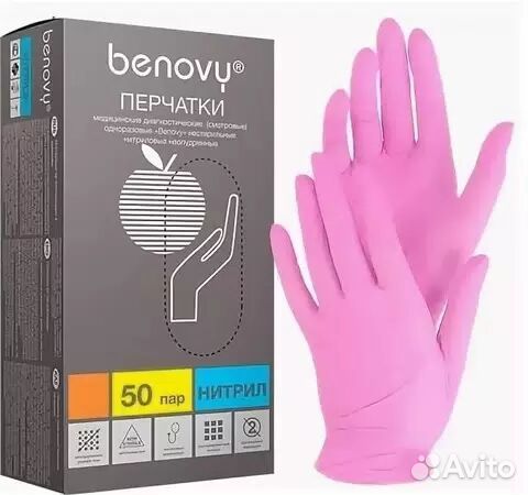 Перчатки нитриловые benovy оригинал розовые S