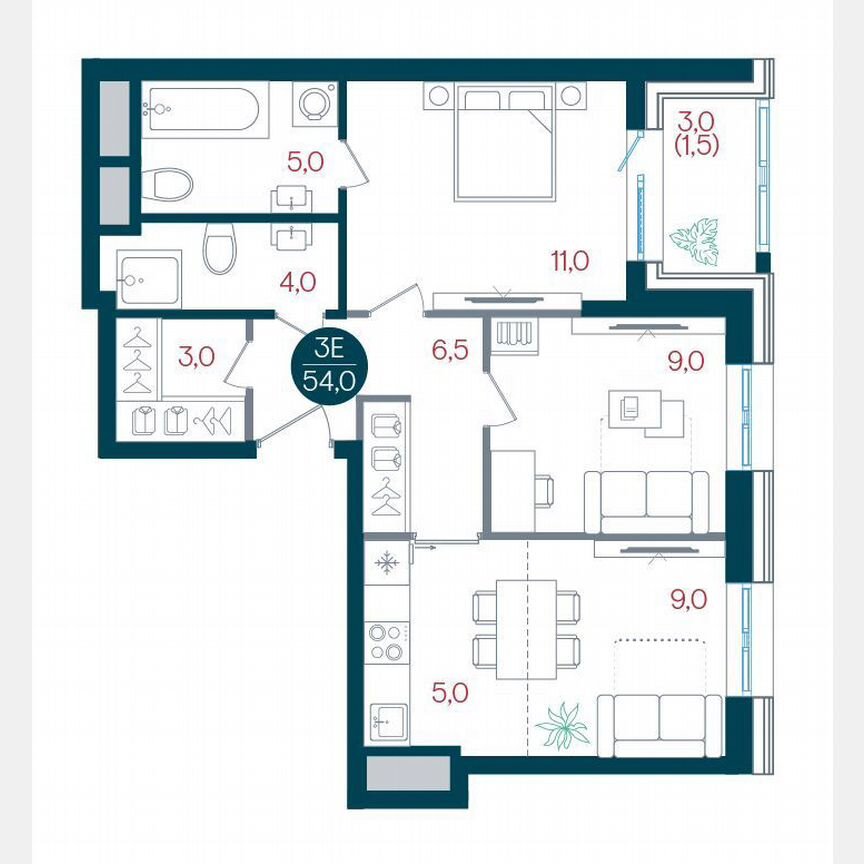 3-к. квартира, 54 м², 2/32 эт.
