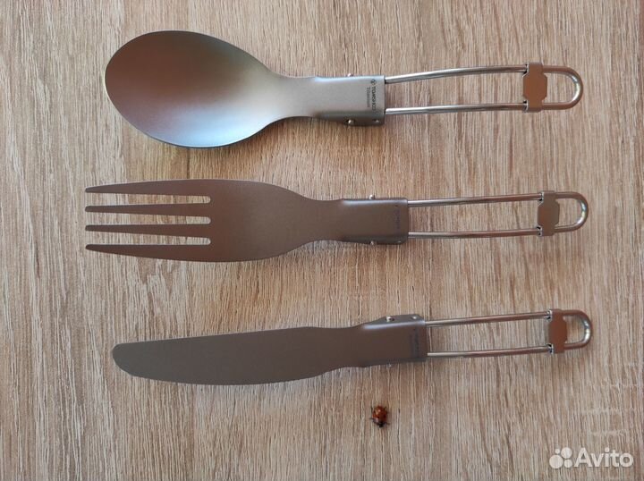 Титановая ложка, вилка, нож складной набор