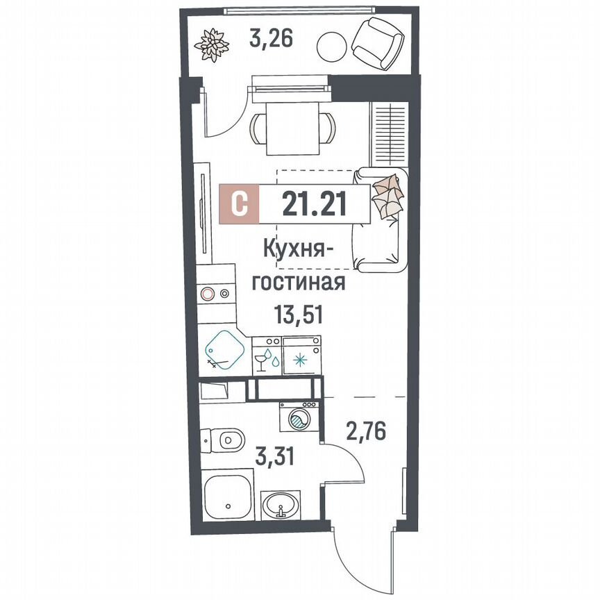 Квартира-студия, 21,2 м², 10/18 эт.