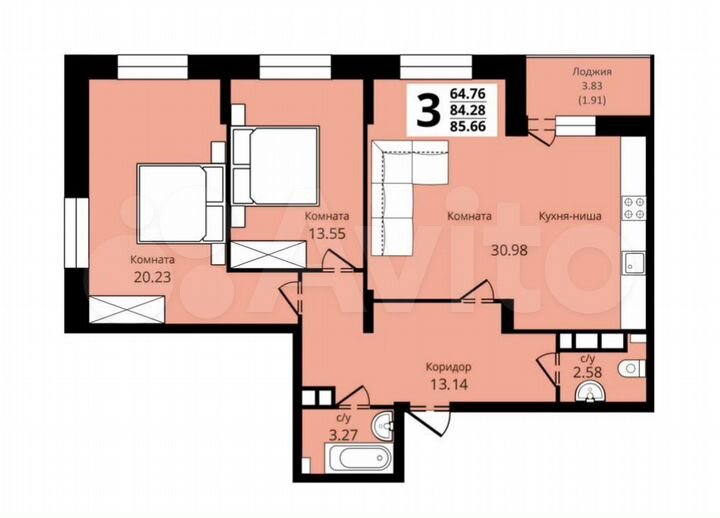 3-к. квартира, 85,7 м², 10/18 эт.