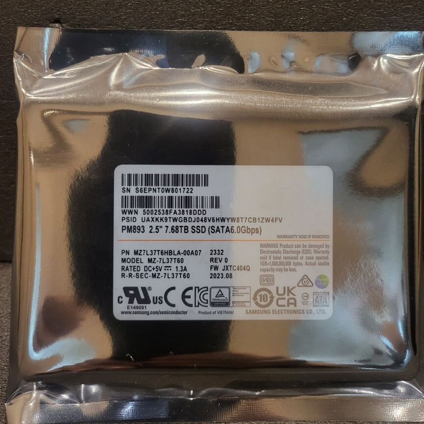 [PM893] Samsung Mz7l37t6hbla-00a07 7.68tb Sata Pm893