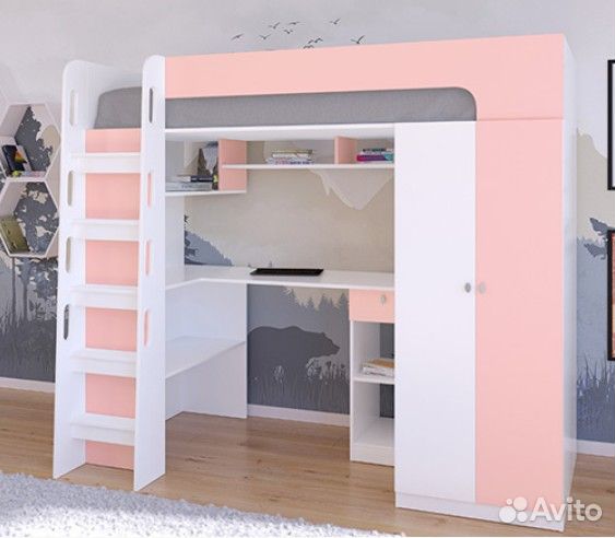 Кровать чердак со столом и шкафом Сонома/Дуб Молоч