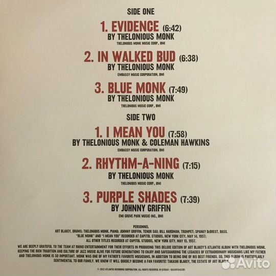 Виниловая пластинка Art Blakey's Jazz Messengers W