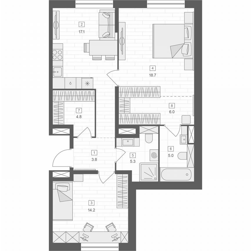 2-к. апартаменты, 74,9 м², 4/10 эт.