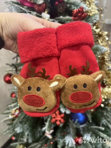 Носки махровые для малышей новогодние с игрушкой