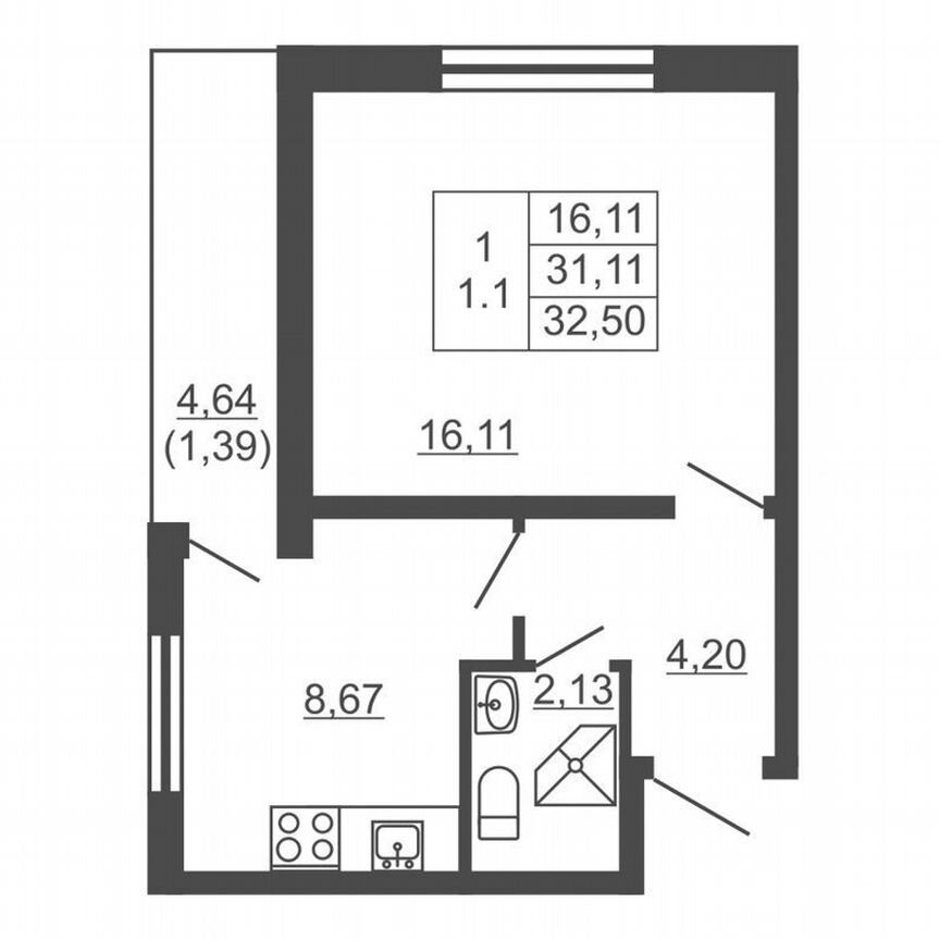 1-к. квартира, 32,5 м², 10/16 эт.