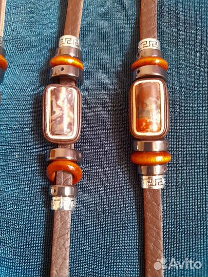 Браслеты кожа натуральный камень малахит аммонит