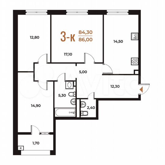 3-к. квартира, 86 м², 2/8 эт.