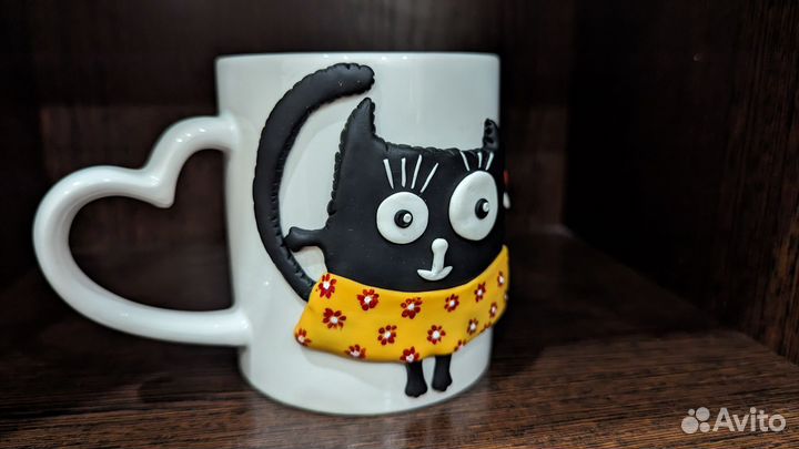 Кружка кошечка, ручная работа из полимерной глины