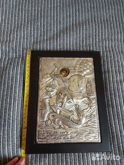 Икона серебро Георгий Победоносец чеканка