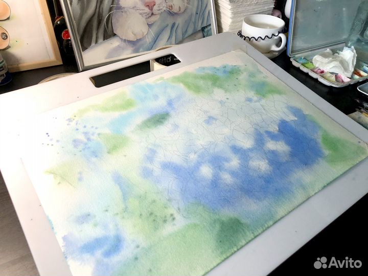 Картина Синяя Гортензия Цветочный пейзаж акварелью