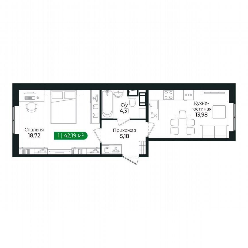 1-к. квартира, 42,2 м², 2/8 эт.