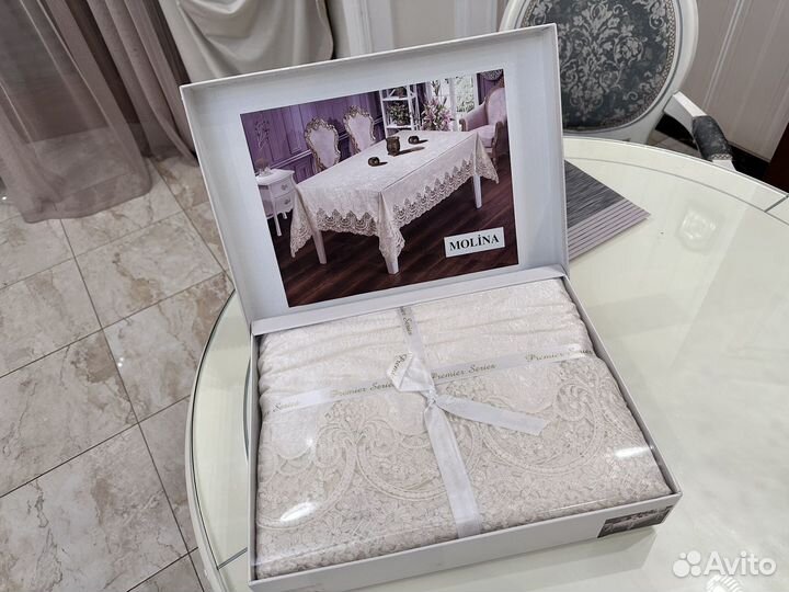 Скатерть с гипюром 160х350 крем бежевый