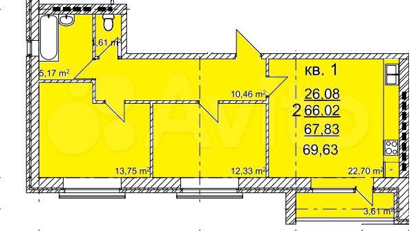 2-к. квартира, 66 м², 1/4 эт.
