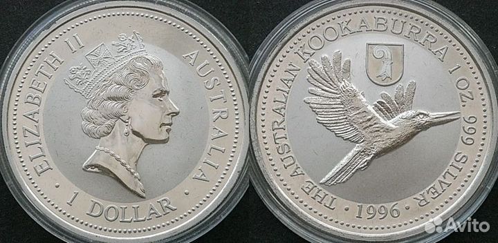 1 доллар 1996г. Австралия, Кукабарра, серебро 999