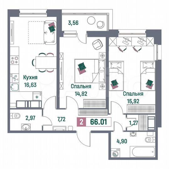 2-к. квартира, 66 м², 9/16 эт.