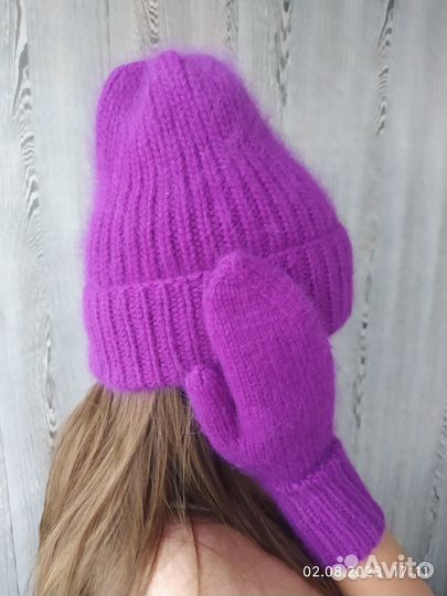 Шапка+варежки ручной вязки