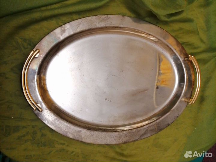 Поднос овальные серебрение с золочеными ручками