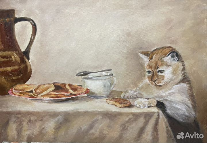 Картина маслом. Кот с оладушками