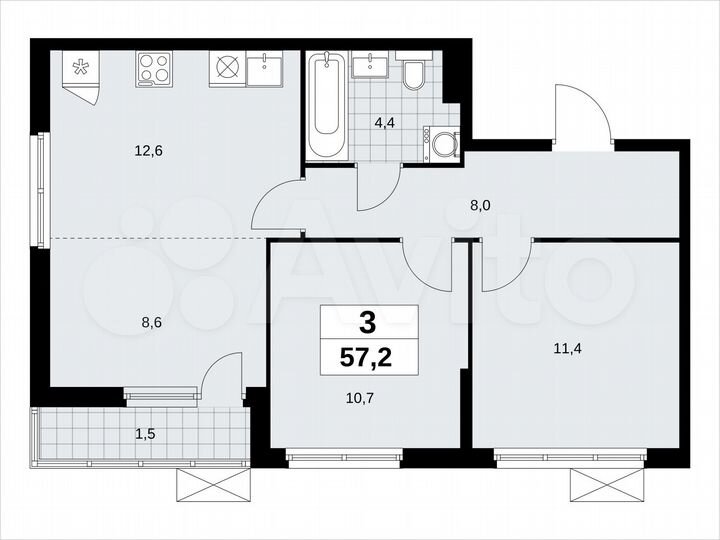 3-к. квартира, 57,2 м², 3/11 эт.