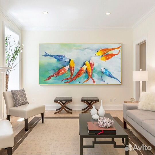 Интерьерная картина маслом на холсте кои