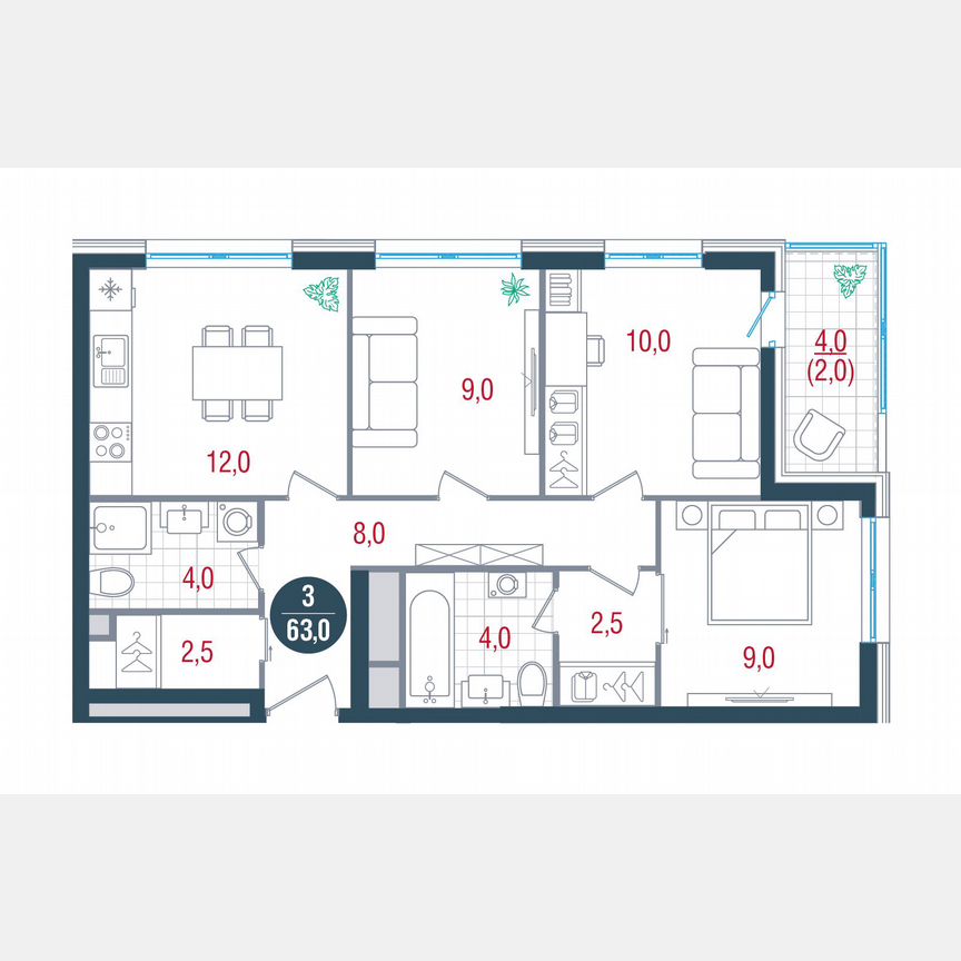 3-к. квартира, 63 м², 10/32 эт.
