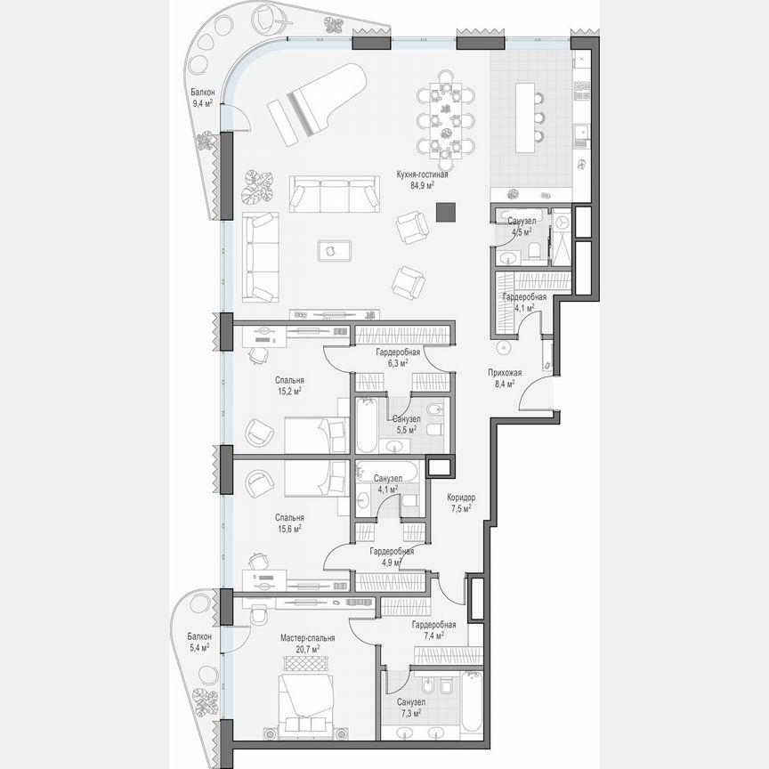 3-к. квартира, 209,7 м², 9/14 эт.