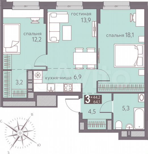 3-к. квартира, 64,1 м², 4/16 эт.