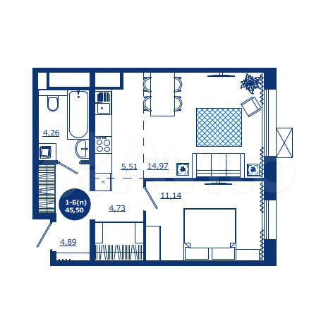 1-к. квартира, 45,5 м², 9/17 эт.
