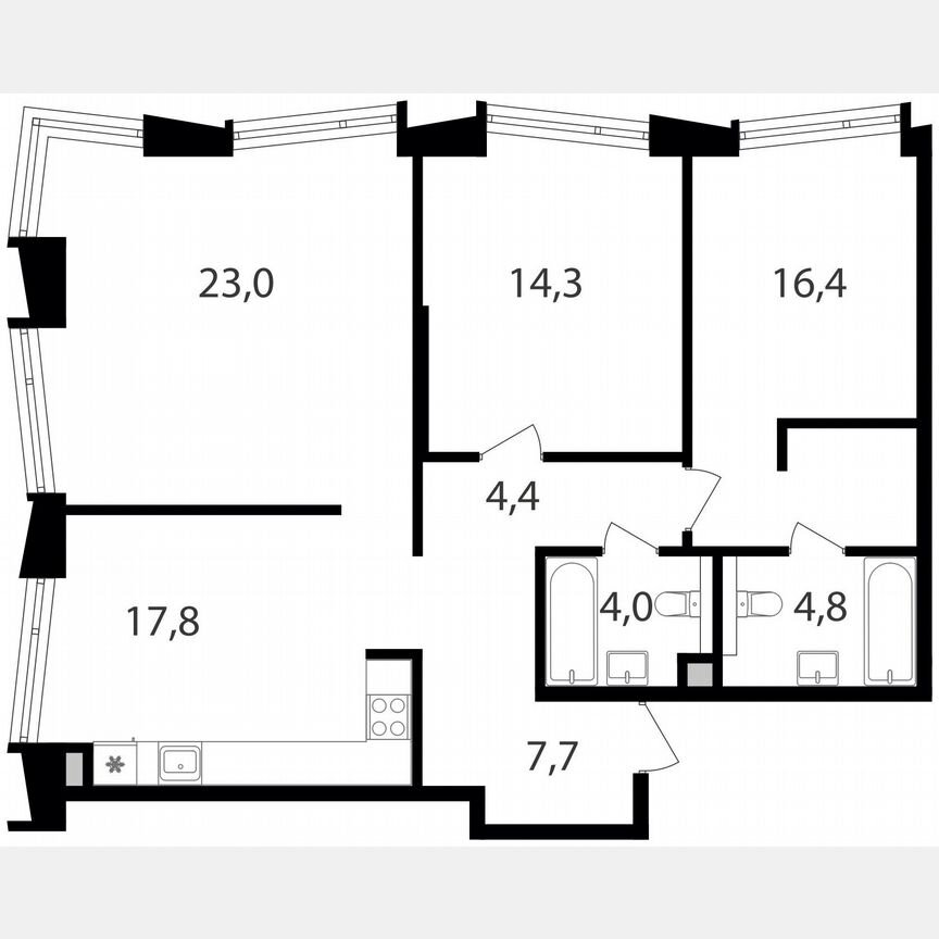 3-к. квартира, 92,4 м², 20/25 эт.