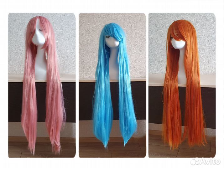 Парик рыжий голубой розовый 100 см с челкой