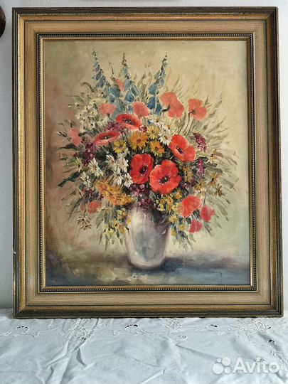 Картина цветы винтаж масло холст Европа