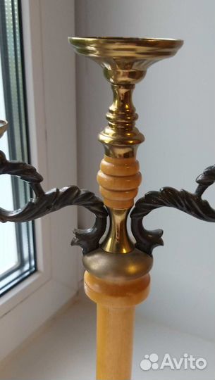 Подсвечник трёхрожковый бронза, шпиатр, дерево