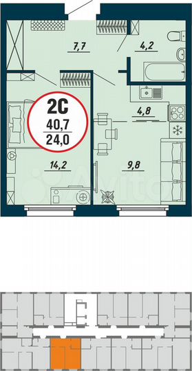 1-к. квартира, 40,7 м², 2/17 эт.