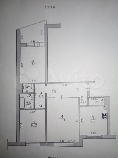 3-к. квартира, 62,7 м², 3/9 эт.