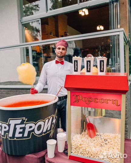 Сладкий бар: сладкая вата, попкорн, яблоки в карам