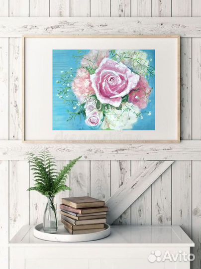 Картина маслом букет цветов с розой