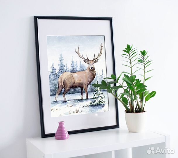 Картина акварелью пейзаж с оленем
