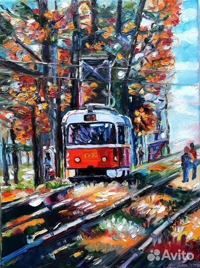 Картина маслом Трамвай холст 40смна30см