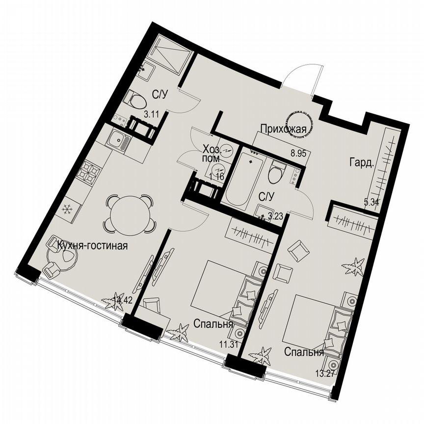 2-к. квартира, 60,8 м², 6/6 эт.