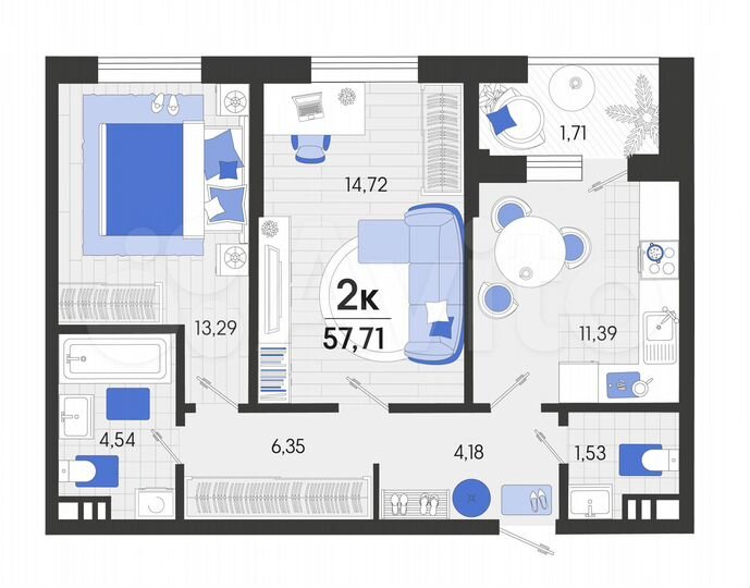 2-к. квартира, 57,7 м², 3/7 эт.