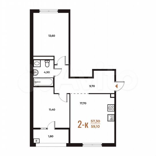 2-к. квартира, 59,1 м², 2/8 эт.