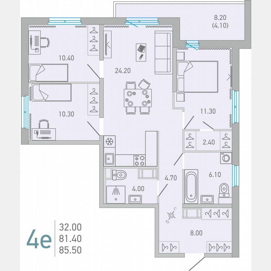 3-к. квартира, 85,5 м², 8/16 эт.