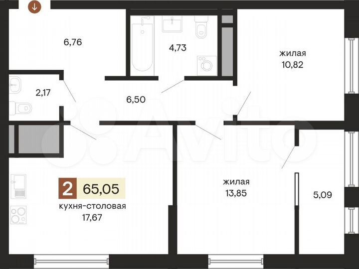 2-к. квартира, 65,1 м², 9/25 эт.