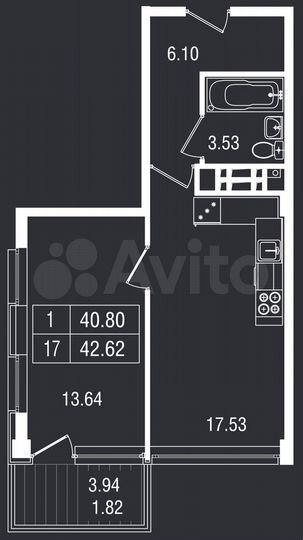 1-к. апартаменты, 42,6 м², 3/8 эт.