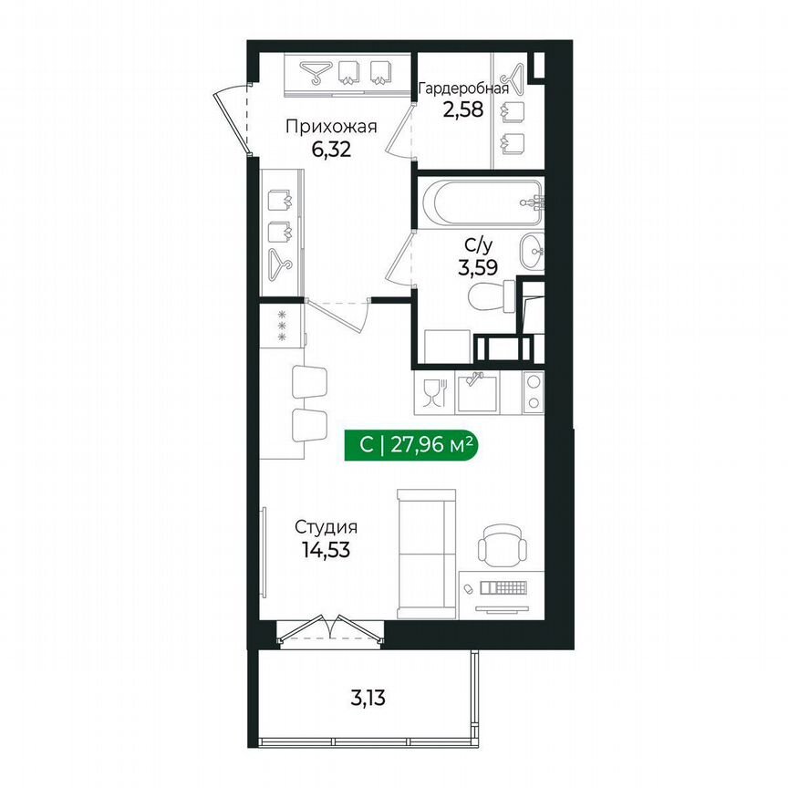 Квартира-студия, 28 м², 4/8 эт.