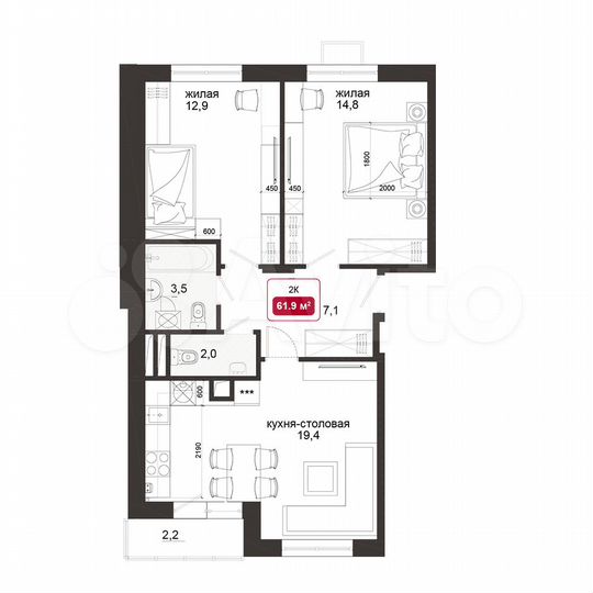 2-к. квартира, 61,9 м², 1/4 эт.
