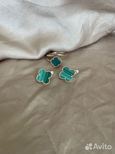 Клевер золото малахит серьги и кольцо