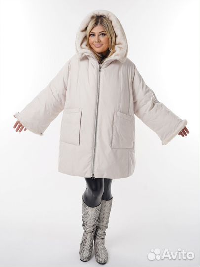 Шикарная парка с мехом эко норки до 66 размера